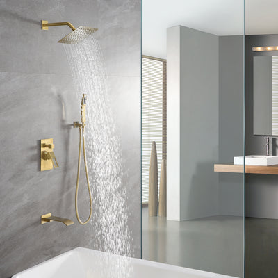 Badewannen- und Duschsystem aus gebürstetem Gold mit Wasserfall-Wannenauslauf und Druckausgleichsventil