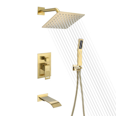Badewannen- und Duschsystem aus gebürstetem Gold mit Wasserfall-Wannenauslauf und Druckausgleichsventil