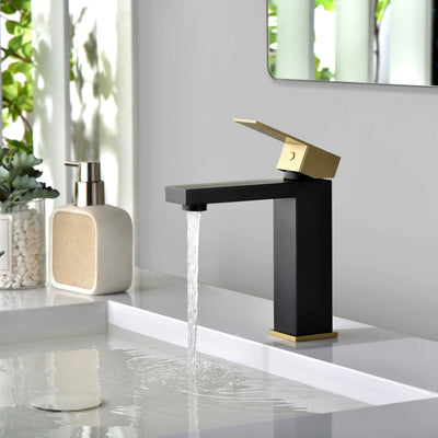 sumerain Waschbecken-Wasserhahn, Schwarz und Gold, Badezimmer-Wasserhahn, 304 Edelstahl, Einhebelmischer, Einlochmontage